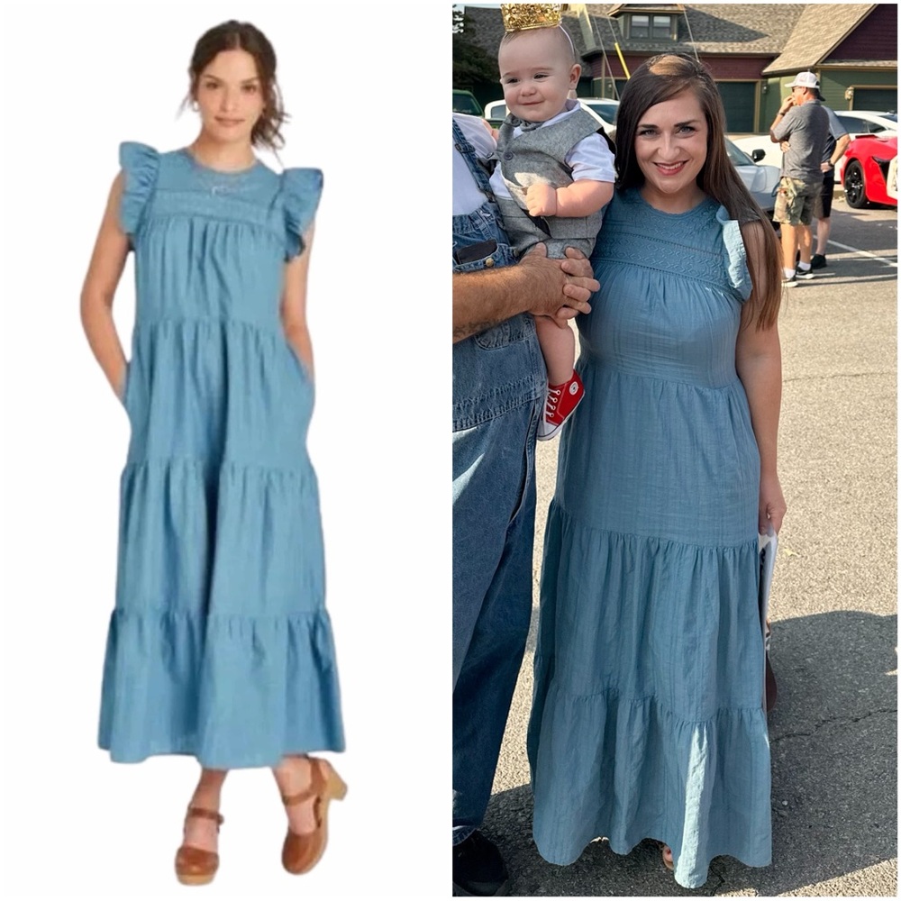 Blue flutter sleeve embroidered maxi dress